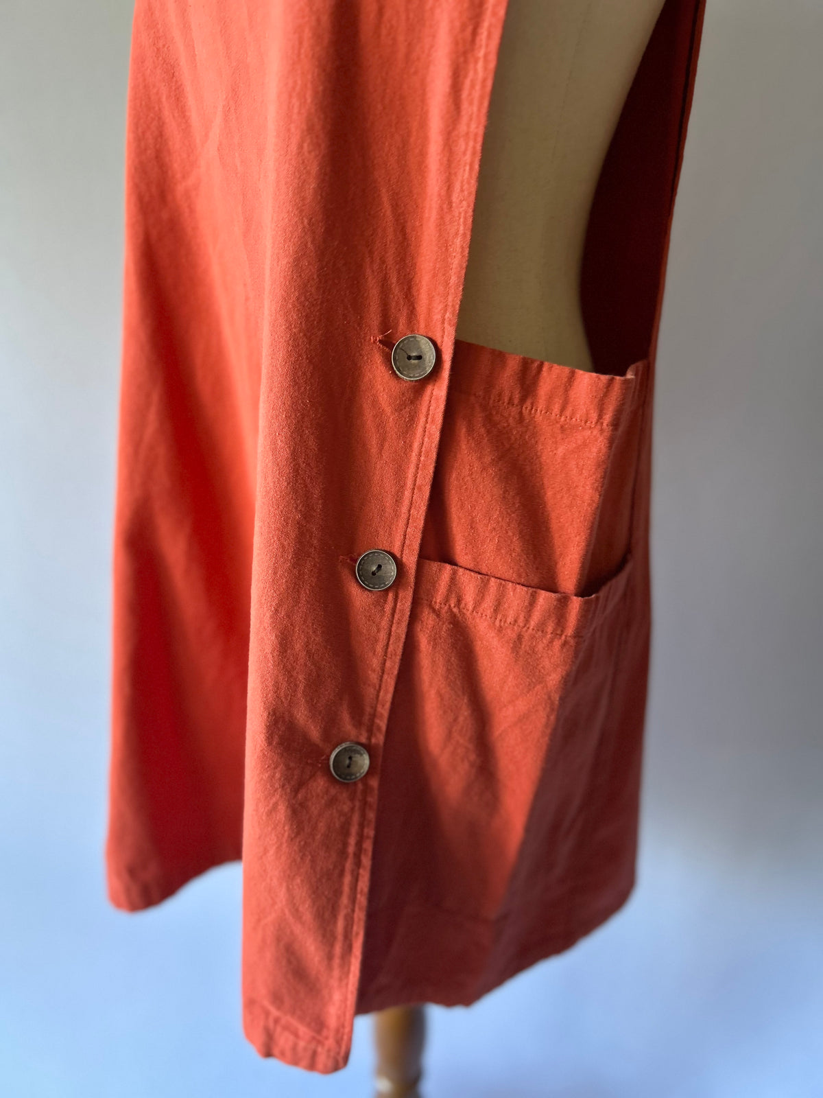 Terracotta Cotton Canvas Side-Button Pinafore Overall Dress - Size S