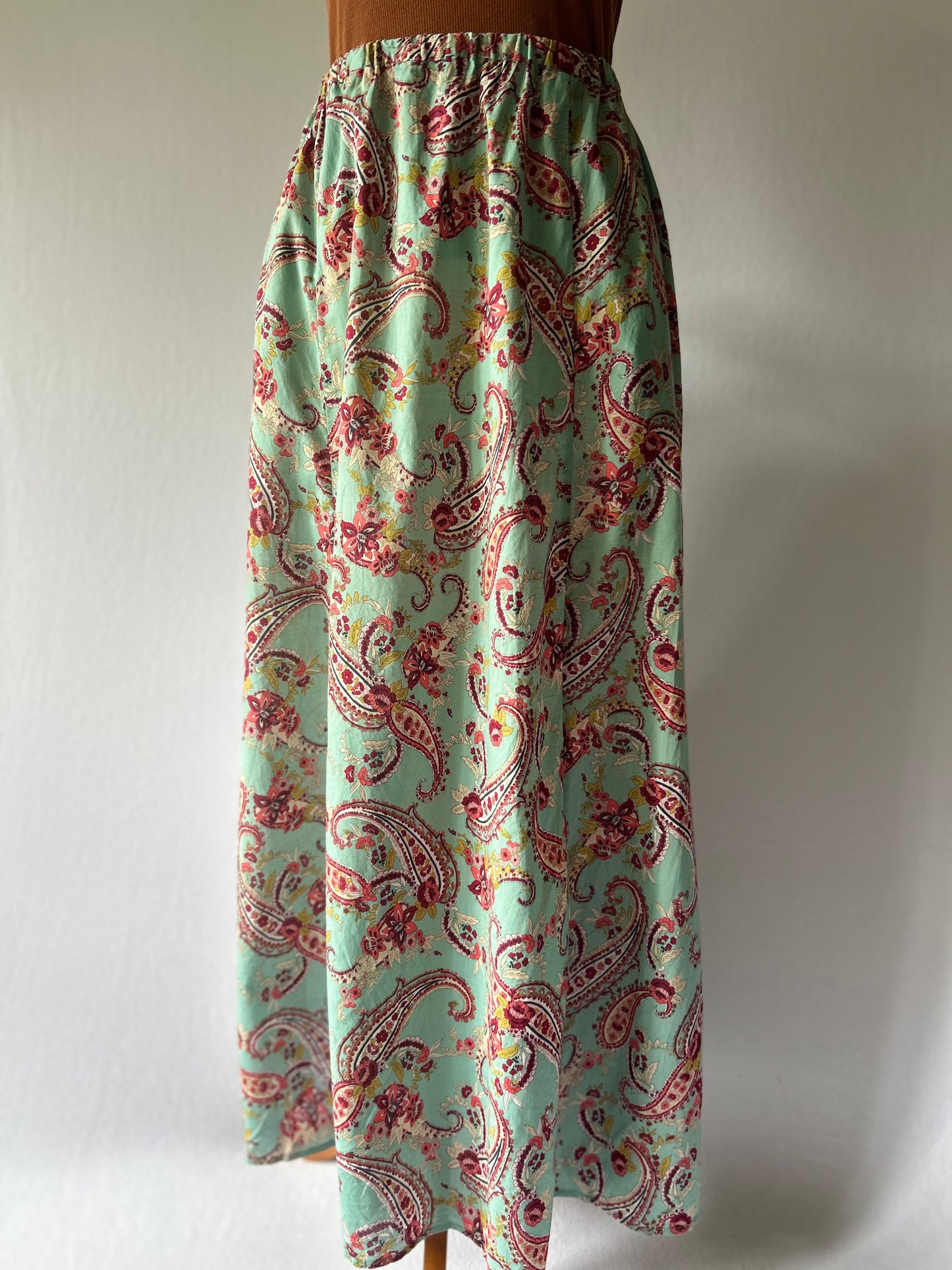 Mint Green Paisley Print Maxi Skirt - Elastic Waist