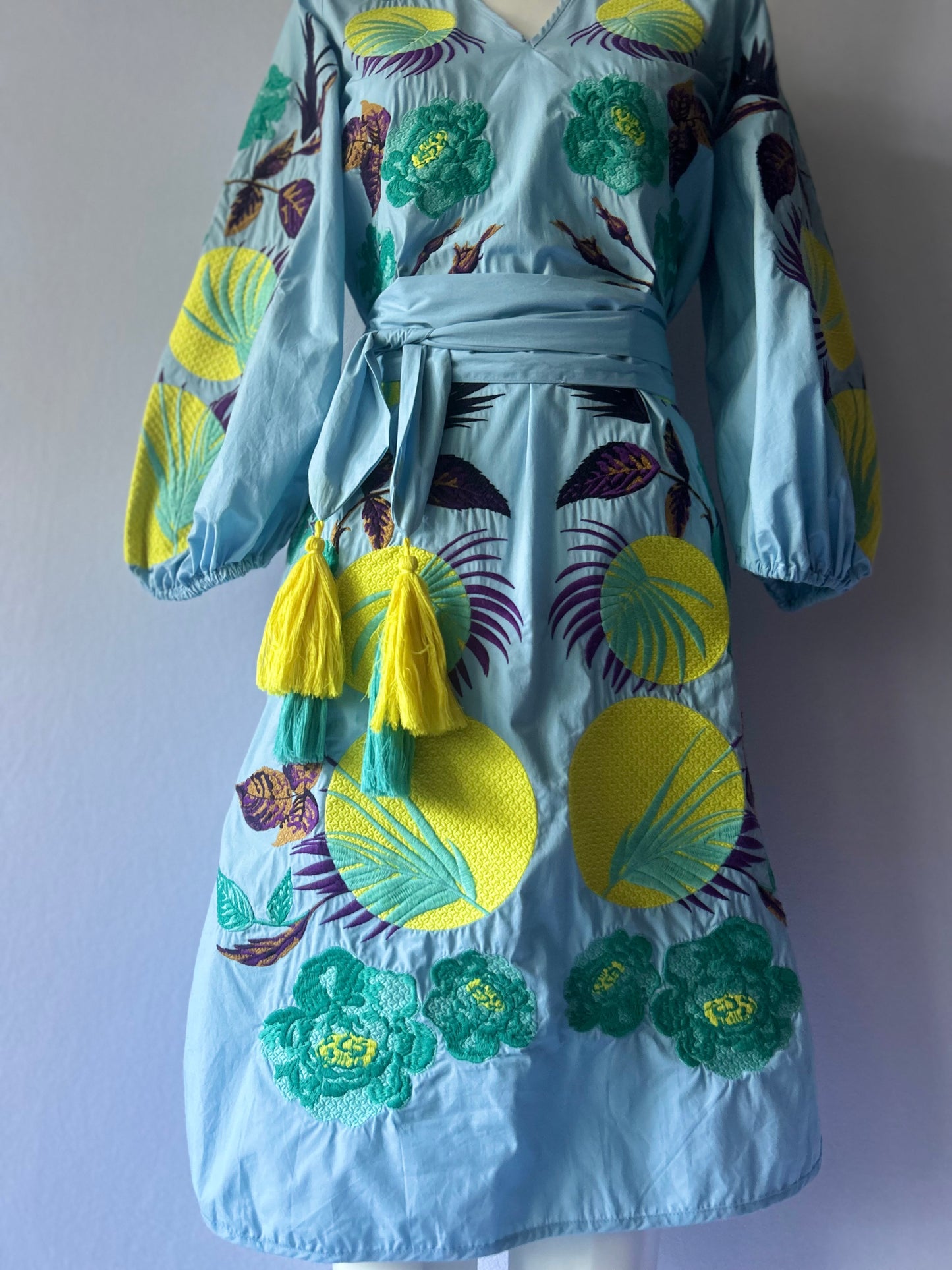 NWT Embroidered Botanical Cotton Mini Dress with Belt - Size S