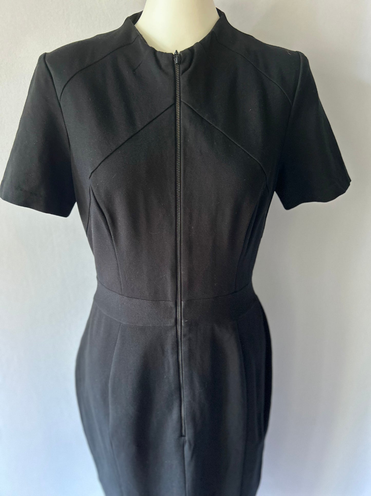 Cue Structured Black Zip-Front Sheath Dress - Size 12