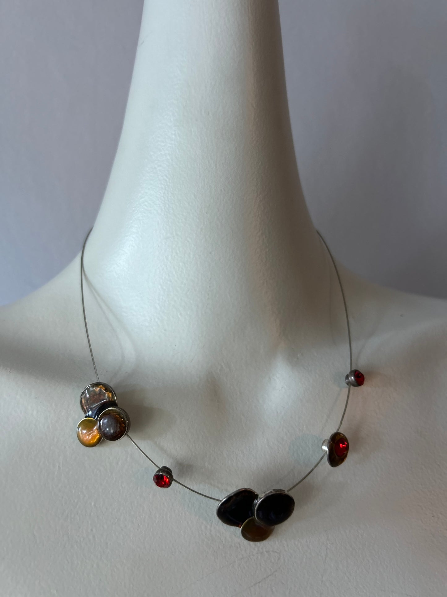 Vintage Modernist Floating Illusion Wire Scarf Necklace - Earth Tones & Ruby Red