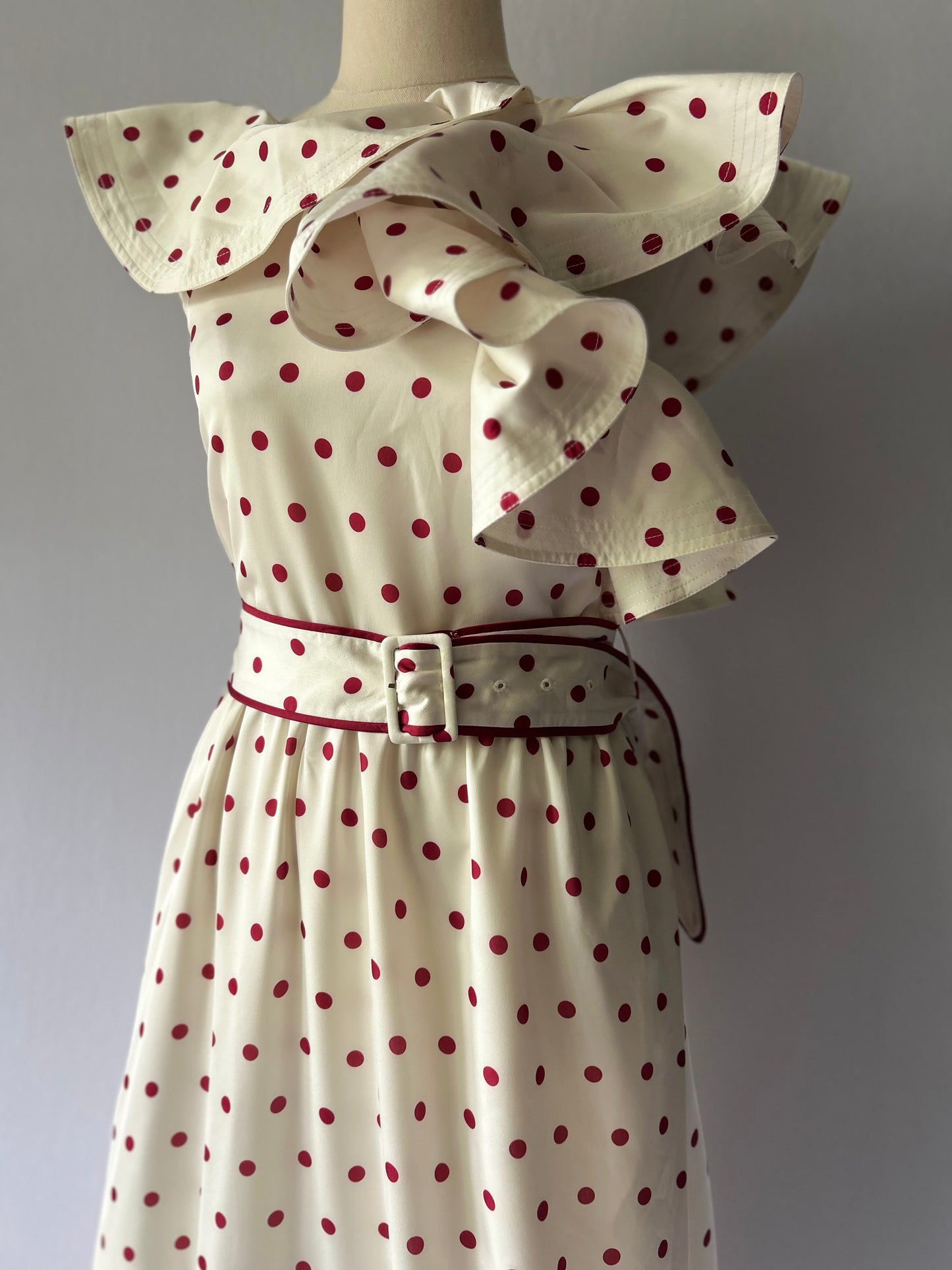 Satin Polka Dot One-Shoulder Ruffle Dress | Cream & Burgundy | UK 8, new with tag