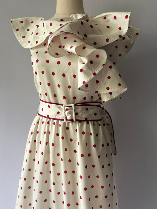 Satin Polka Dot One-Shoulder Ruffle Dress | Cream & Burgundy | UK 8, new with tag