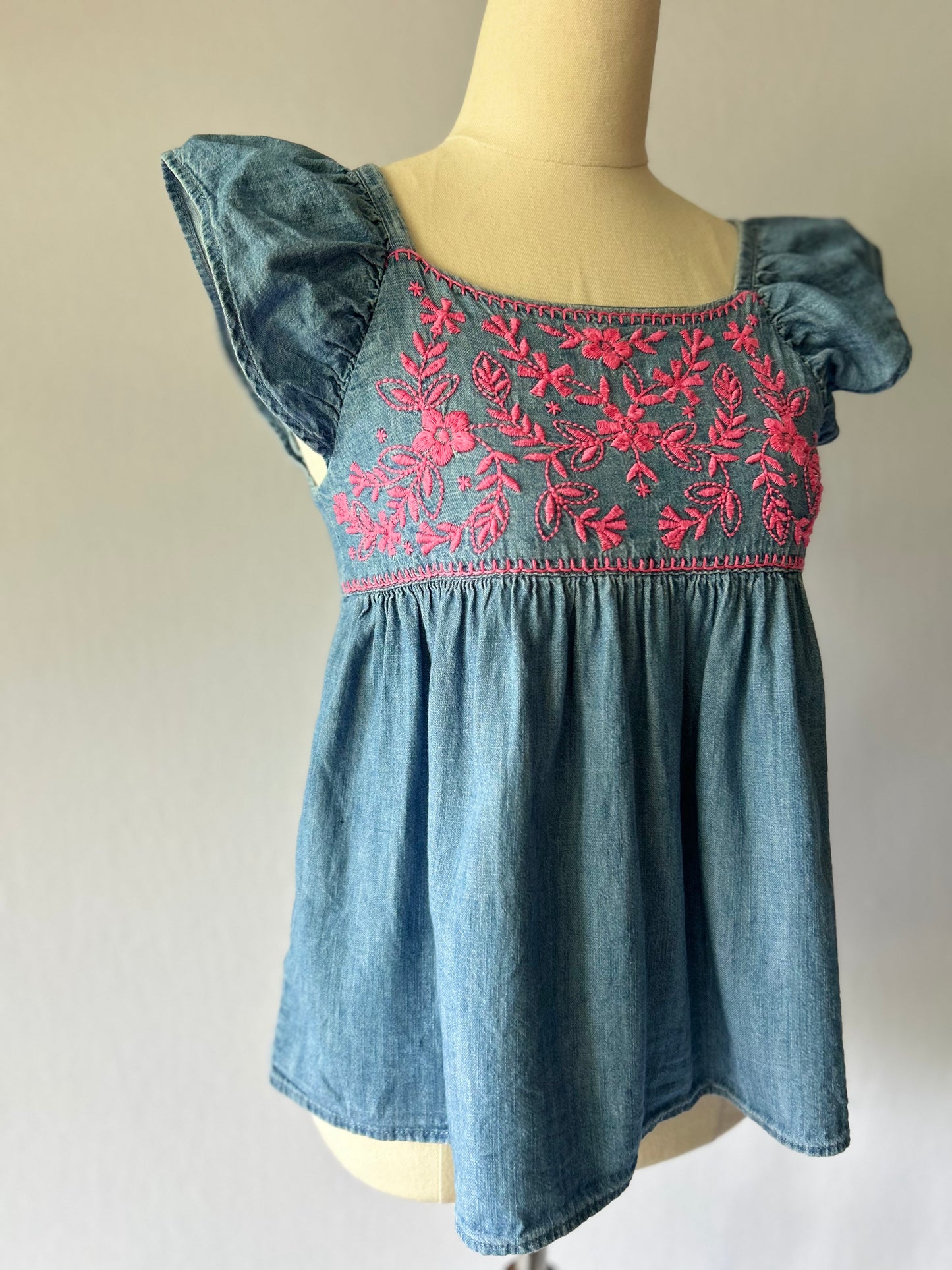 Denim Chambray Babydoll Top with Pink Embroidery Small