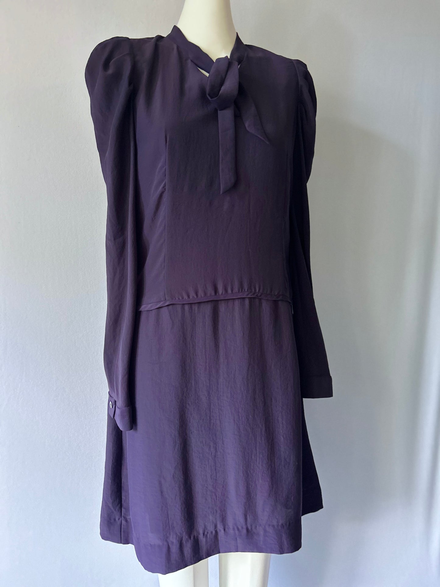 Made in NZ Deep Plum Pussy-Bow Mini Dress - Size 10