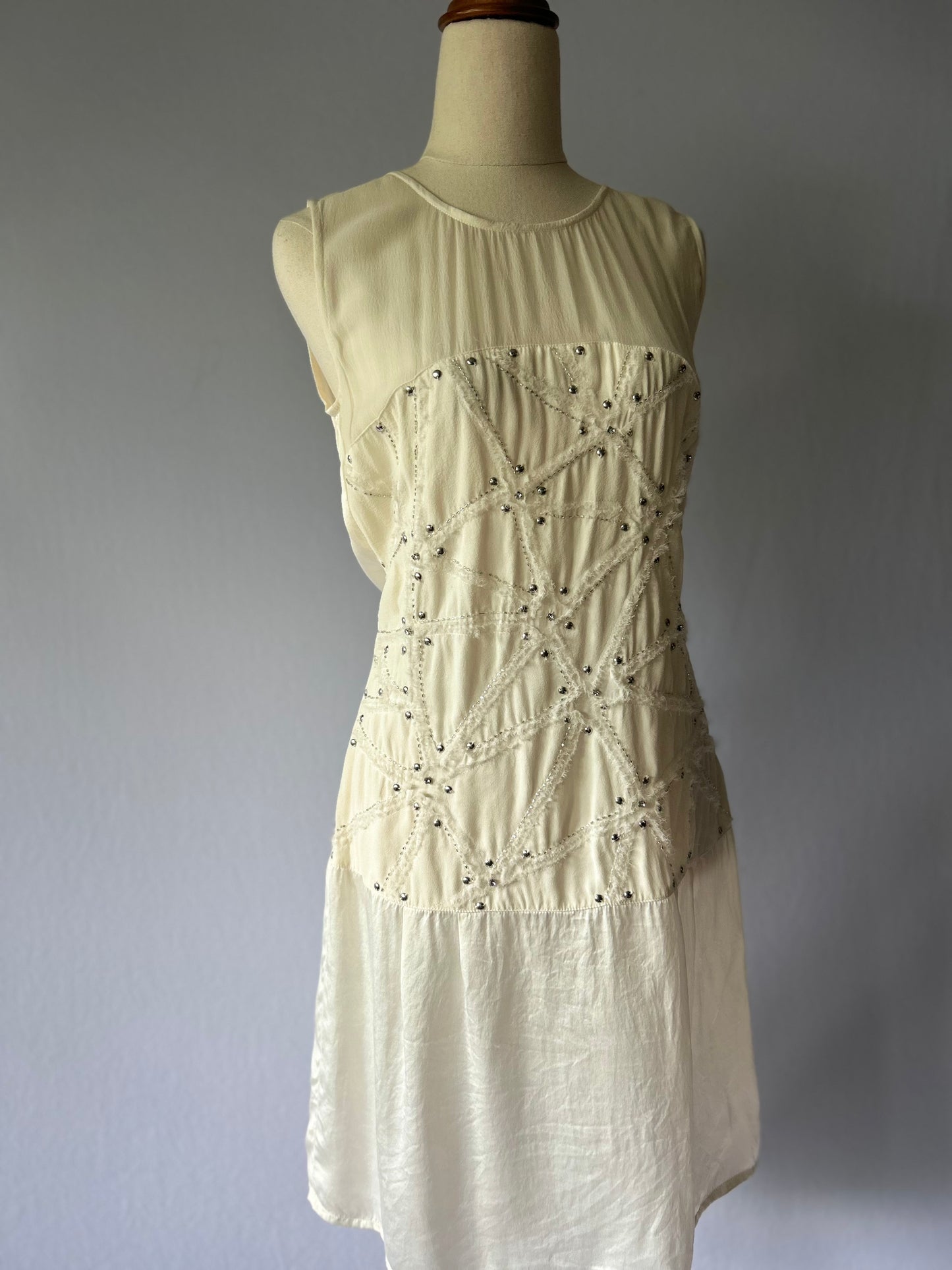 Lulu Cream Silk Embellished Drop-Waist Dress - Size M