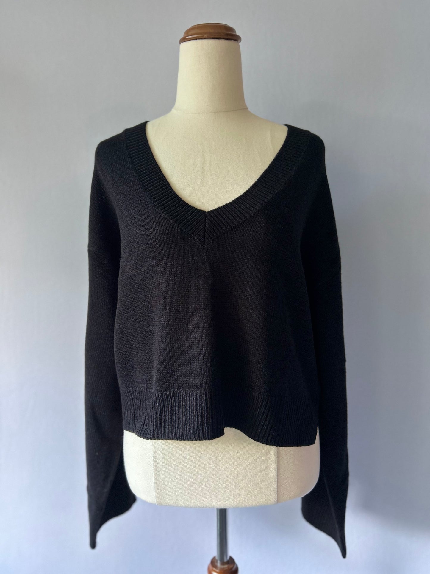 Minimalist Black V-Neck Knit Sweater - Size S