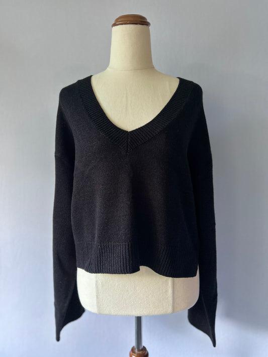 Minimalist Black V-Neck Knit Sweater - Size S