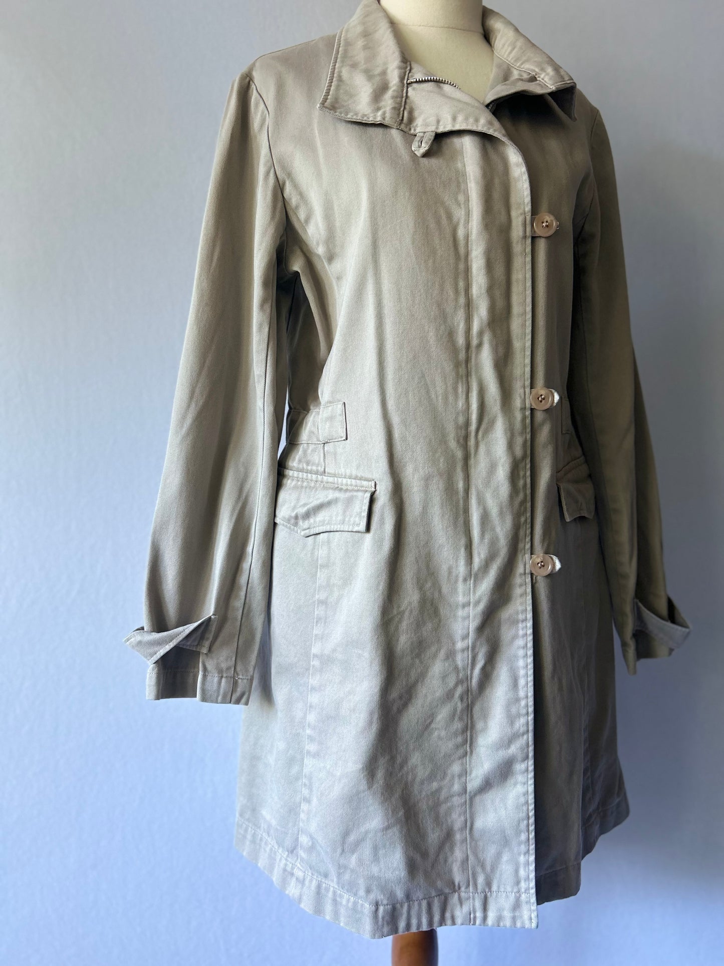 Structured Cotton Utility Trench Jacket with Zip & Button Closure - Size M