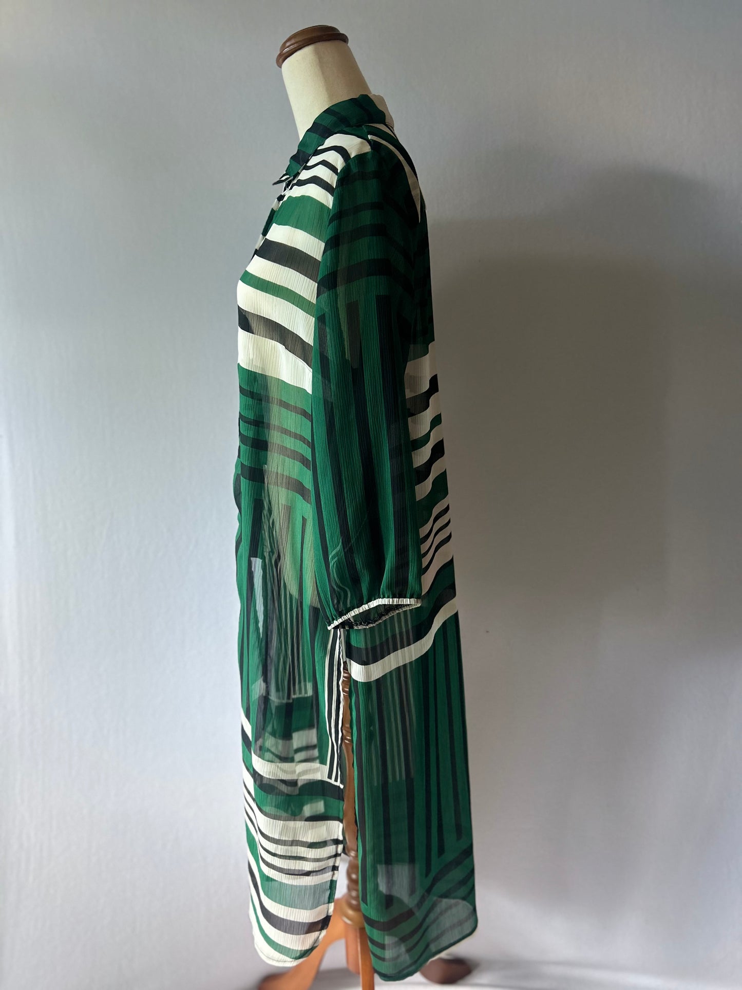 Coco&Belle Graphic Mixed-Stripe Sheer Chiffon Chemise Dress - Green & Black - Size 12