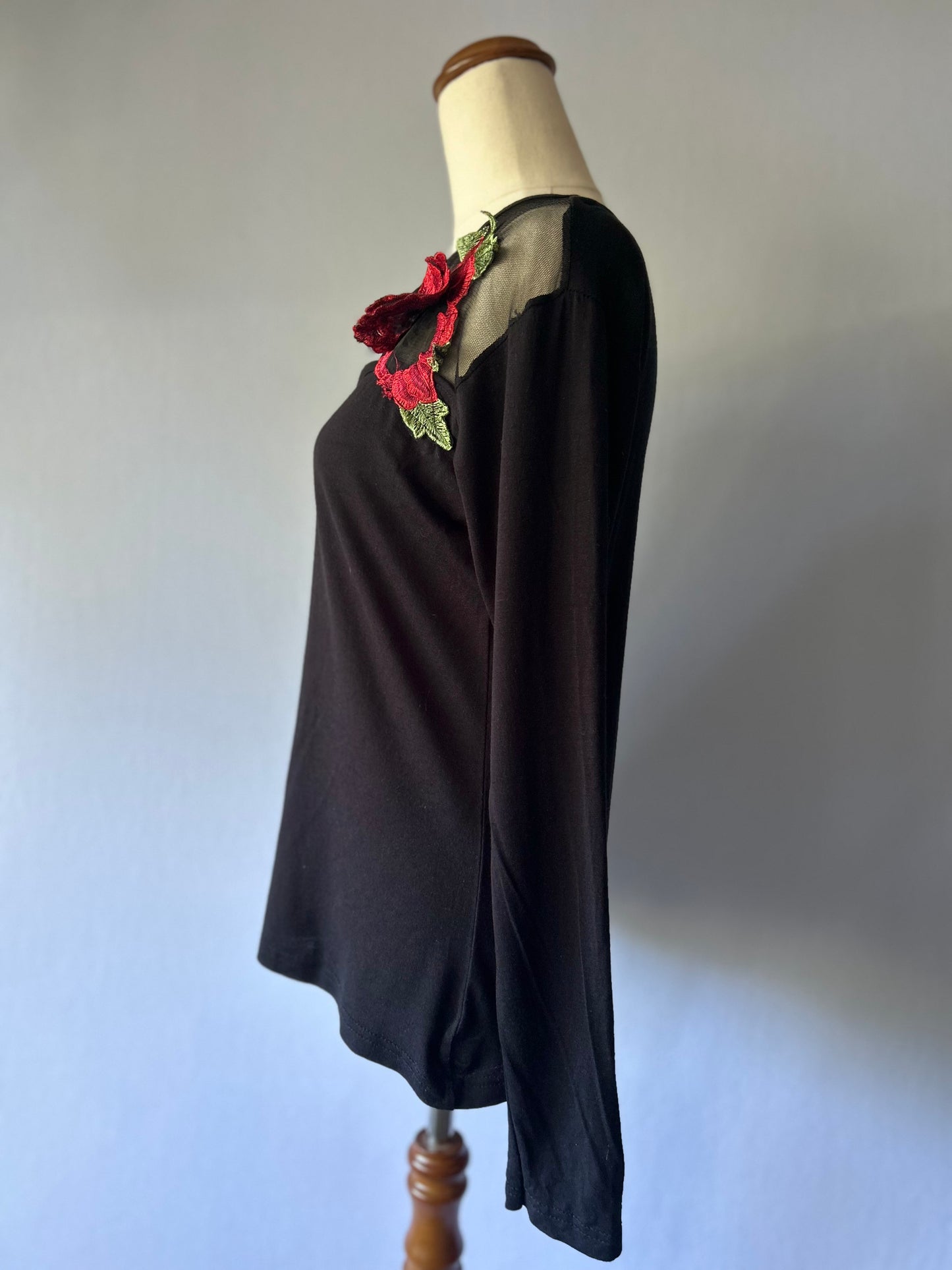 Black Long-Sleeve Mesh Panel Top with 3D Rose Appliqué - Size M/L