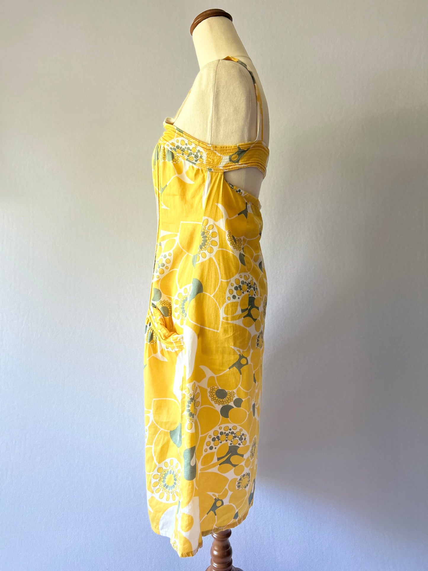 Size Small | Mod Yellow Floral Cotton Sundress | Button Front A-Line Dress