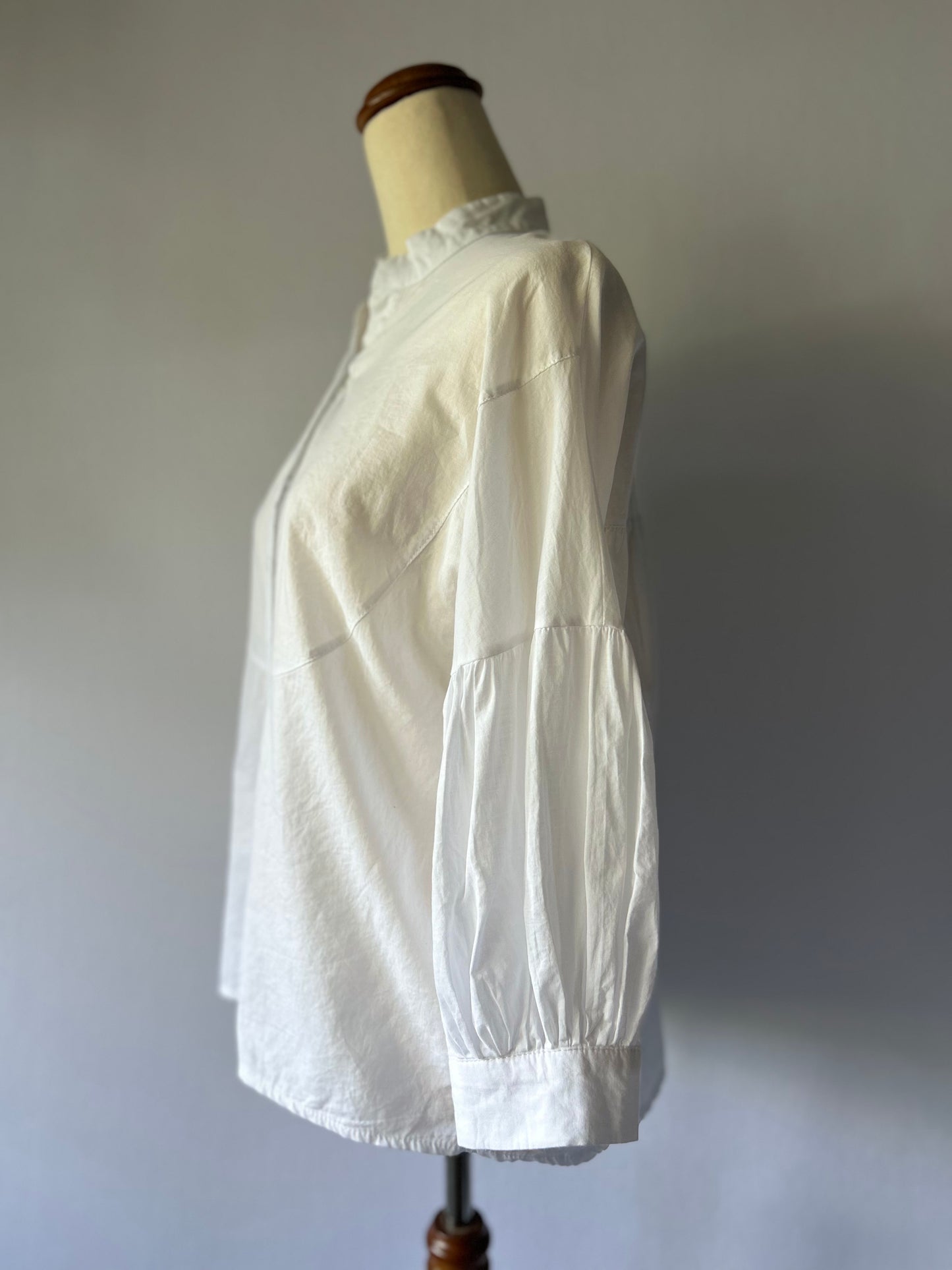 Cotton Mandarin Collar Puff Sleeve Blouse - White - Size M